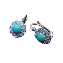 Antique Victorian Earrings 18k Gold Turquoise Diamonds Silver French Small (6637)