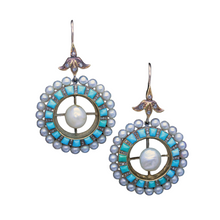 Antique Victorian Earrings Gold Turquoise Pearls Diamonds ear Pendants (6690)