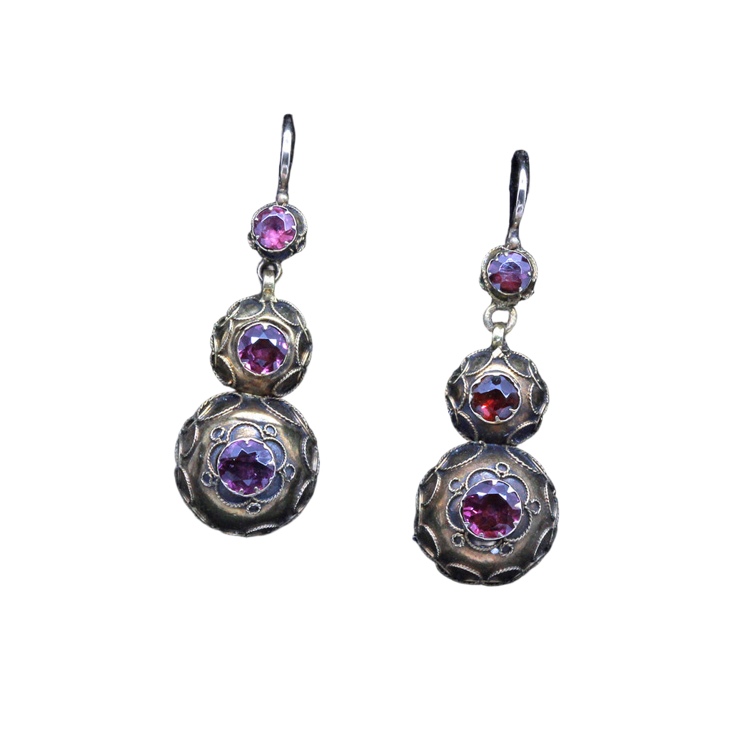 Antique Victorian Earrings Etruscan Revival Gold Garnet Ear Pendants (6691)