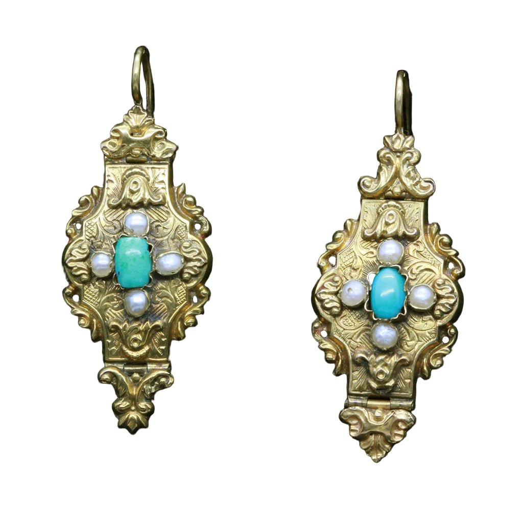Antique Earrings Victorian Gold Turquoise Pearls Engraved Ear Pendants (6761)