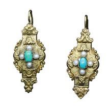 Antique Earrings Victorian Gold Turquoise Pearls Engraved Ear Pendants (6761)