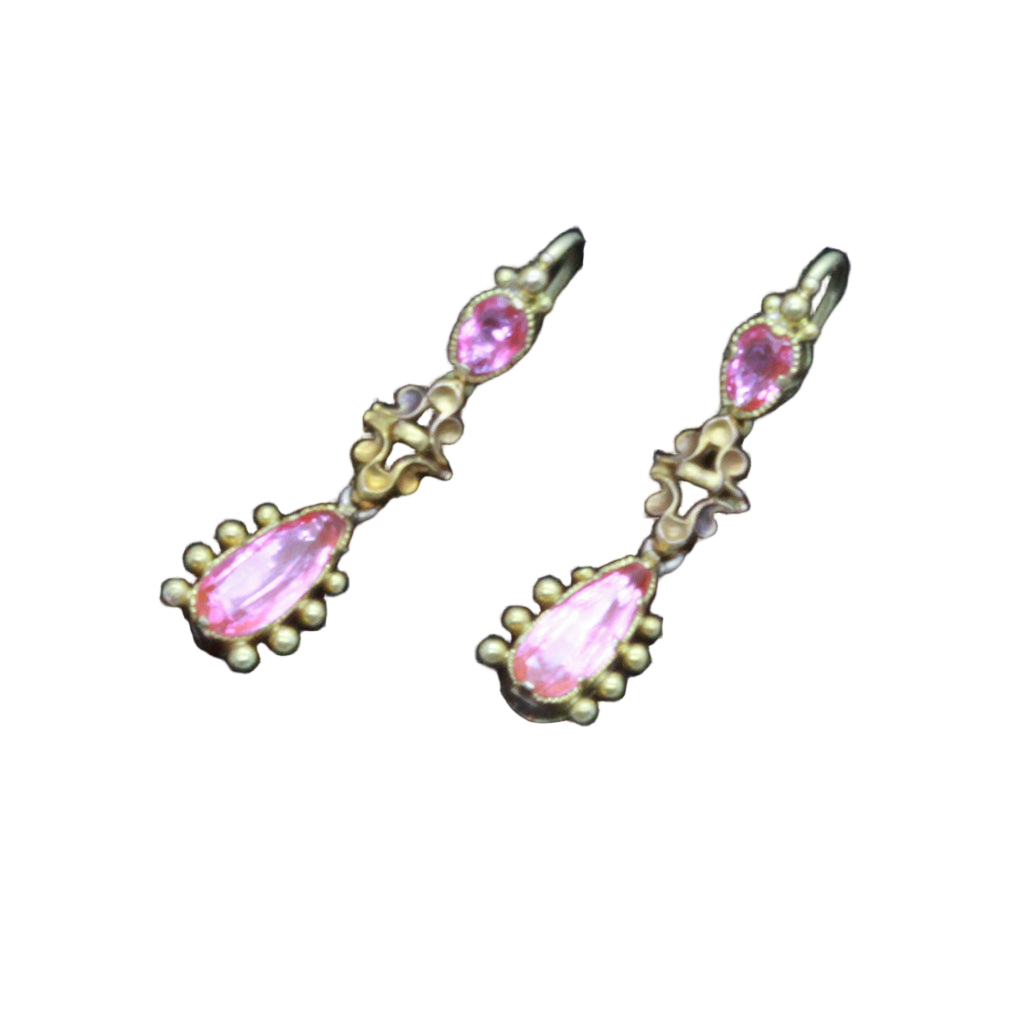 Antique Georgian Earrings Dangle 15ct Gold Pink Topaz C1800 England (6855)
