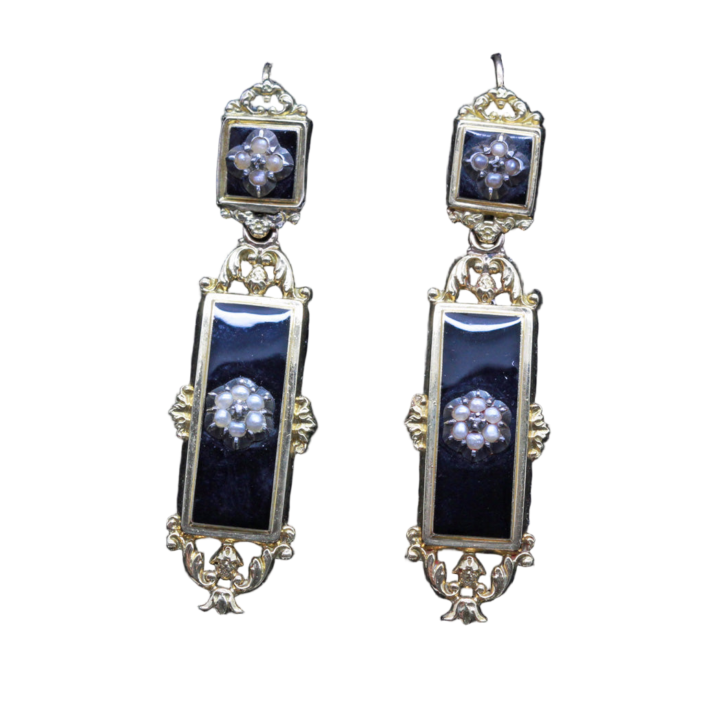 Antique Georgian Day Night Earrings 18k Gold Pearls Diamond Enamel Mourning(6089)