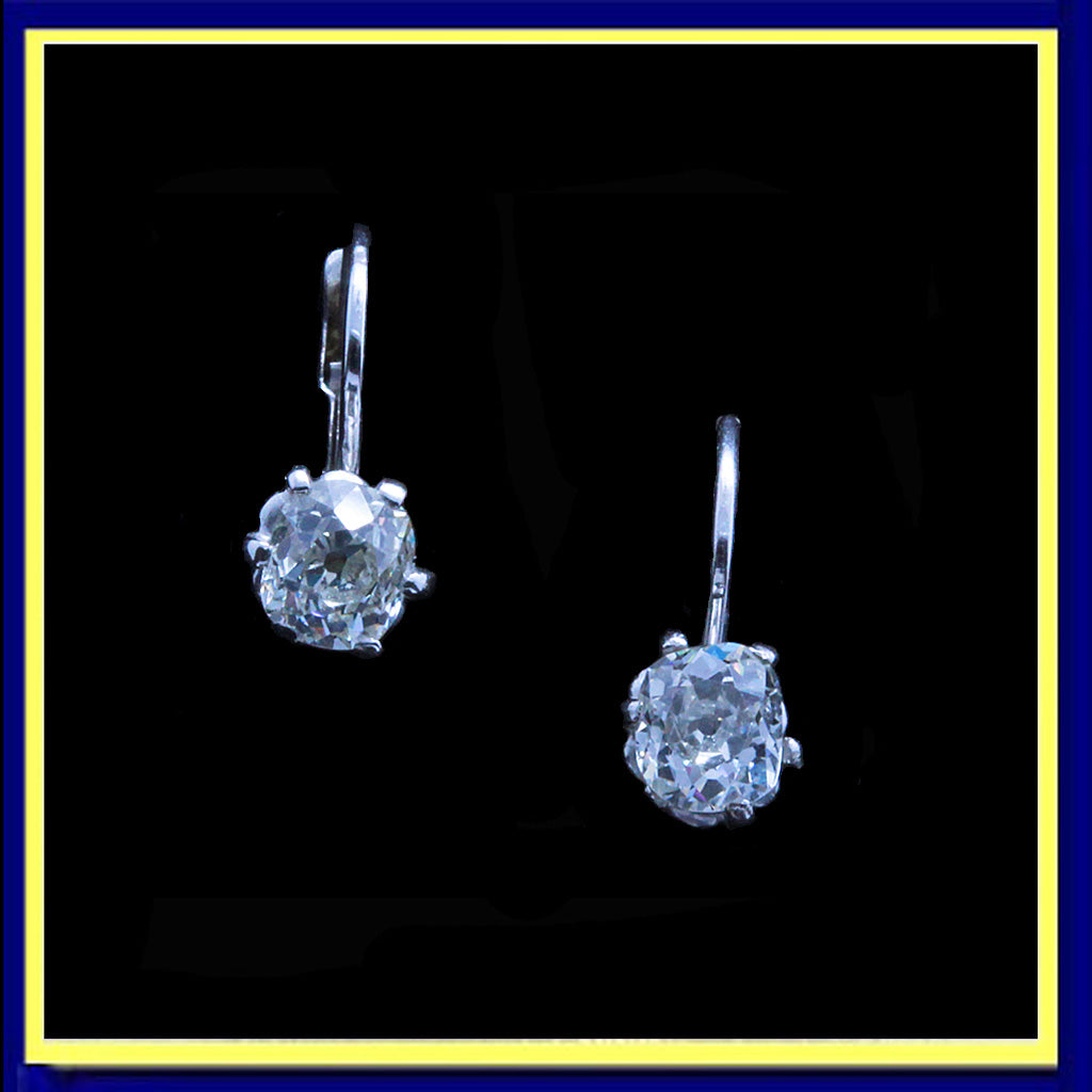 Antique Vintage Earrings 18k White Gold Old Mine Cut Diamonds (7153)