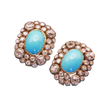 Antique Late Victorian Earrings Ear Clips Turquoise Diamonds 18k Gold (7169)