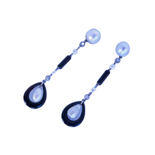 Antique Art Deco Earrings Ear Pendants Pearls Diamonds Onyx Gold French (7222)