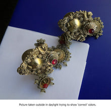 Antique Vintage earrings gold glass South India parrots lion masks jumkha (7244)