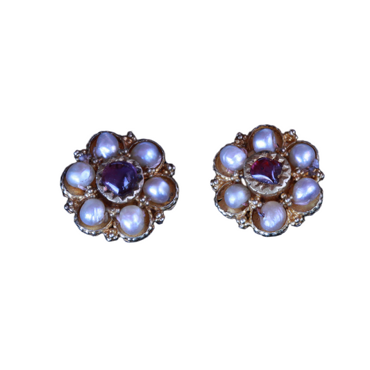 Antique Earrings gold rubies pearls flower South Indian fine granulation (7254)