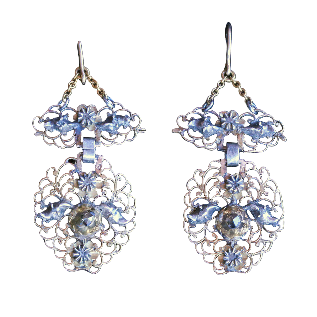Antique Georgian Earrings Ear Pendants Gold Silver Diamonds Iberian 18C (7273)