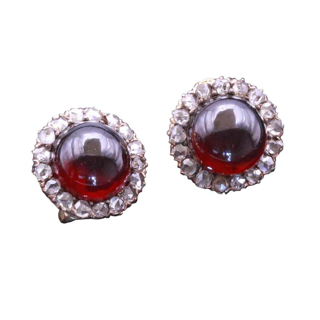 Antique Victorian earrings 18k gold diamonds garnet cabochons English (7286)