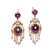 Antique Victorian earrings long ear pendants gold amethysts pearls French (7293)