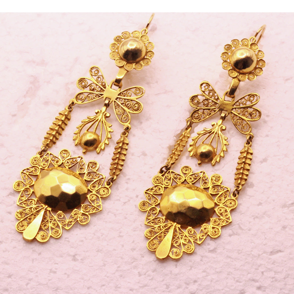 Antique Georgian Empire earrings Gold filigree Day Night Sicilian v long (7299)