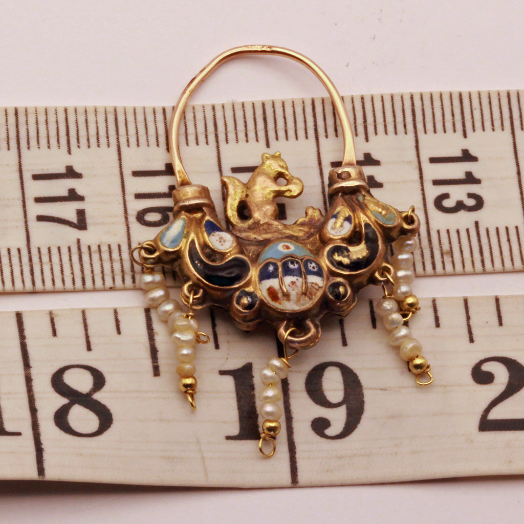 Antique Georgian Empire earrings gold enamel pearls squirrels Sicilian 18C(7300)