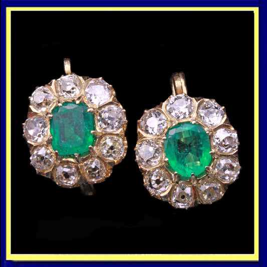 antique earrings natural Columbian emeralds Old Mine Cut diamonds gold