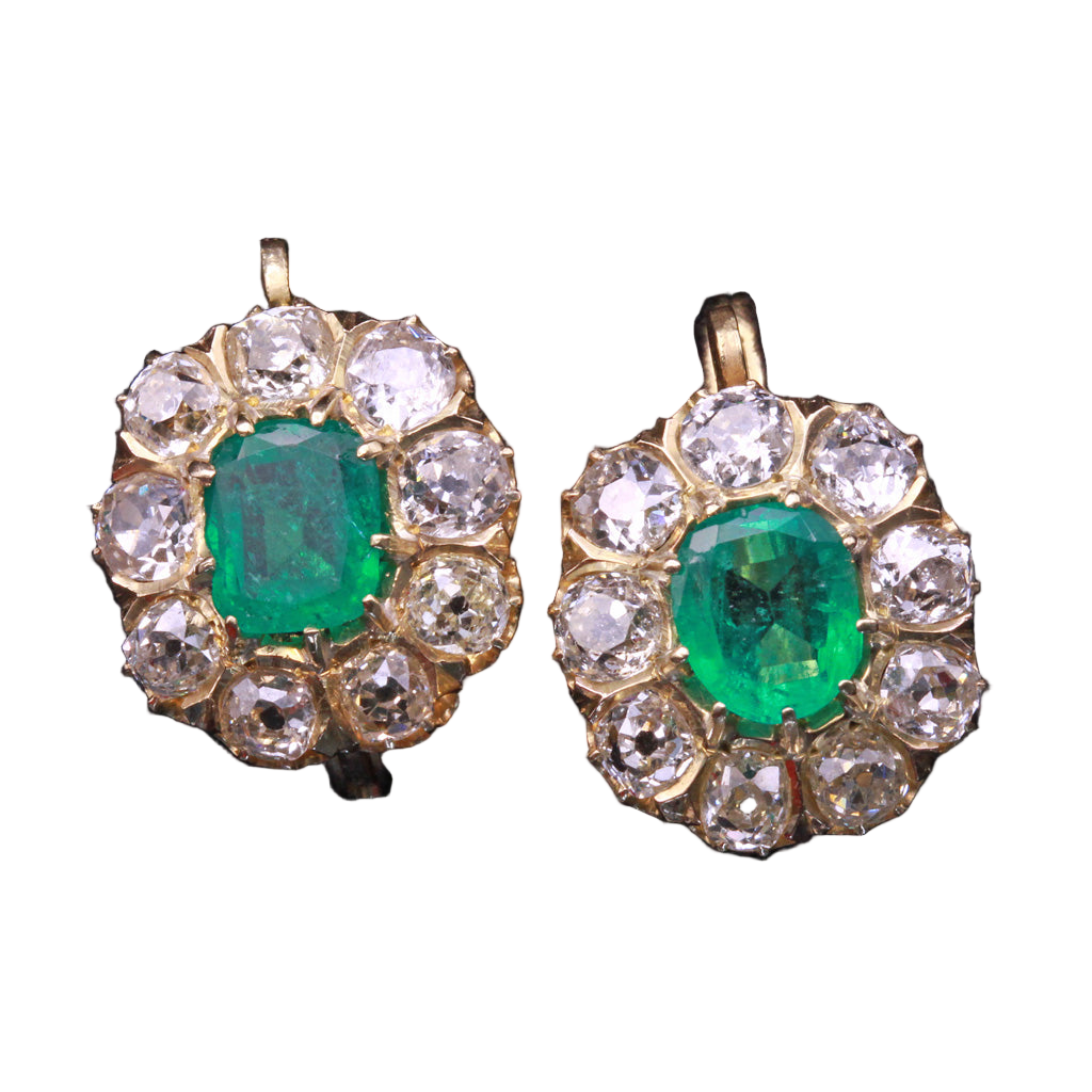 Antique Earrings natural Columbian emeralds Old Mine Cut diamonds 18k gold (7305)