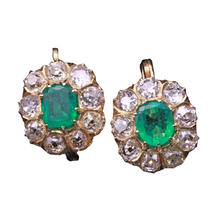 Antique Earrings natural Columbian emeralds Old Mine Cut diamonds 18k gold (7305)