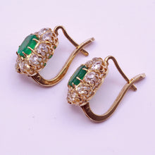 Antique Earrings natural Columbian emeralds Old Mine Cut diamonds 18k gold (7305)