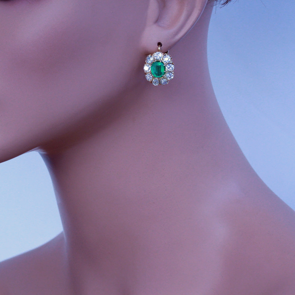 Antique Earrings natural Columbian emeralds Old Mine Cut diamonds 18k gold (7305)