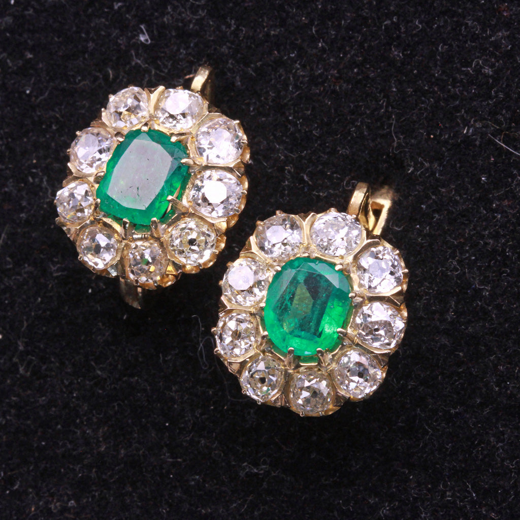 Antique Earrings natural Columbian emeralds Old Mine Cut diamonds 18k gold (7305)