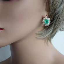Antique Earrings natural Columbian emeralds Old Mine Cut diamonds 18k gold (7305)