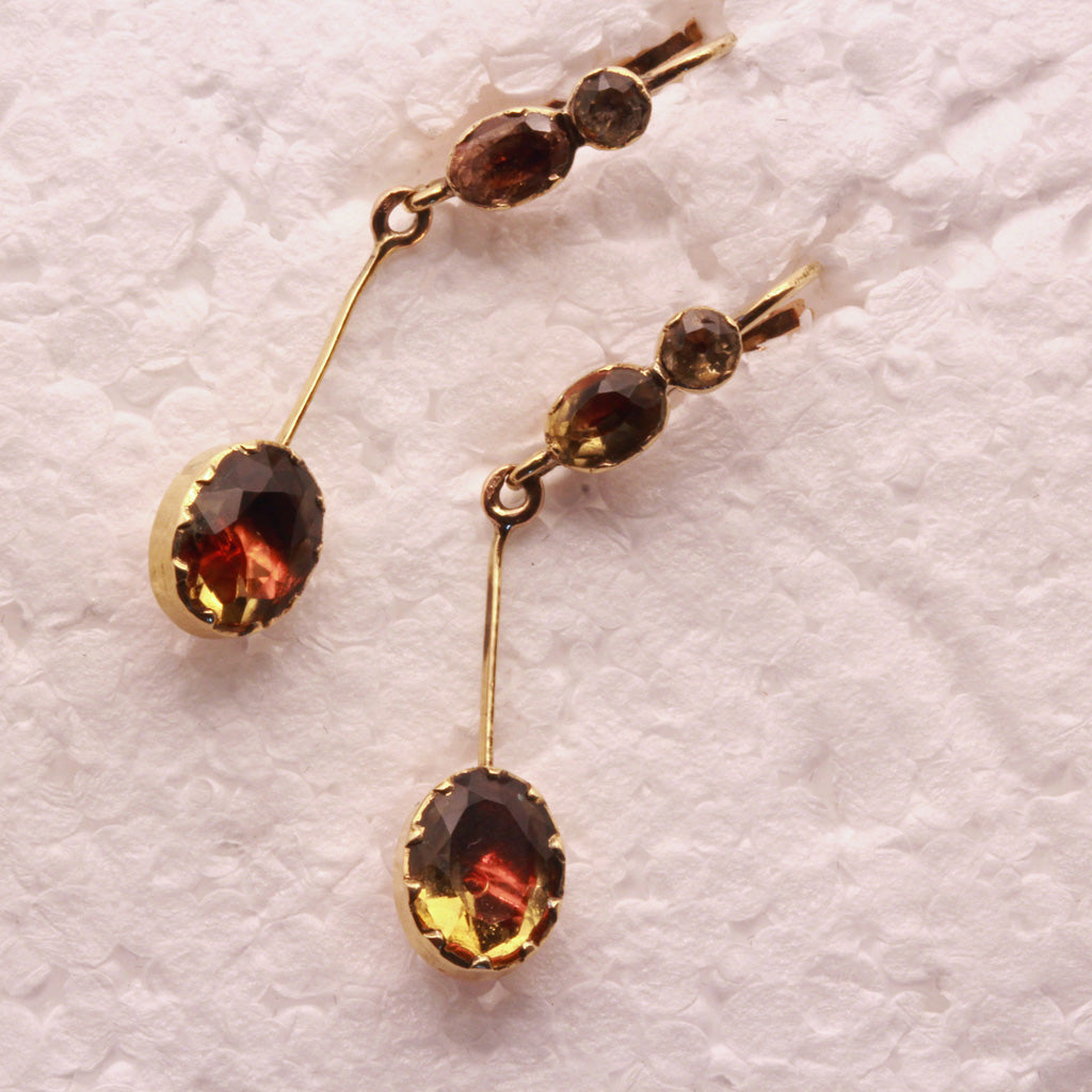 Antique Victorian Earrings 18k gold citrines French long ear pendants (7315)