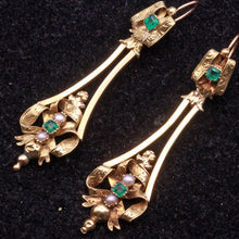 Antique Victorian Earrings 18k gold emerald-paste pearls Day Night ear pendants (7321)