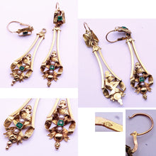 Antique Victorian Earrings 18k gold emerald-paste pearls Day Night ear pendants (7321)