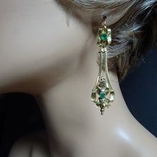 Antique Victorian Earrings 18k gold emerald-paste pearls Day Night ear pendants (7321)