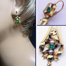 Antique Victorian Earrings 18k gold emerald-paste pearls Day Night ear pendants (7321)