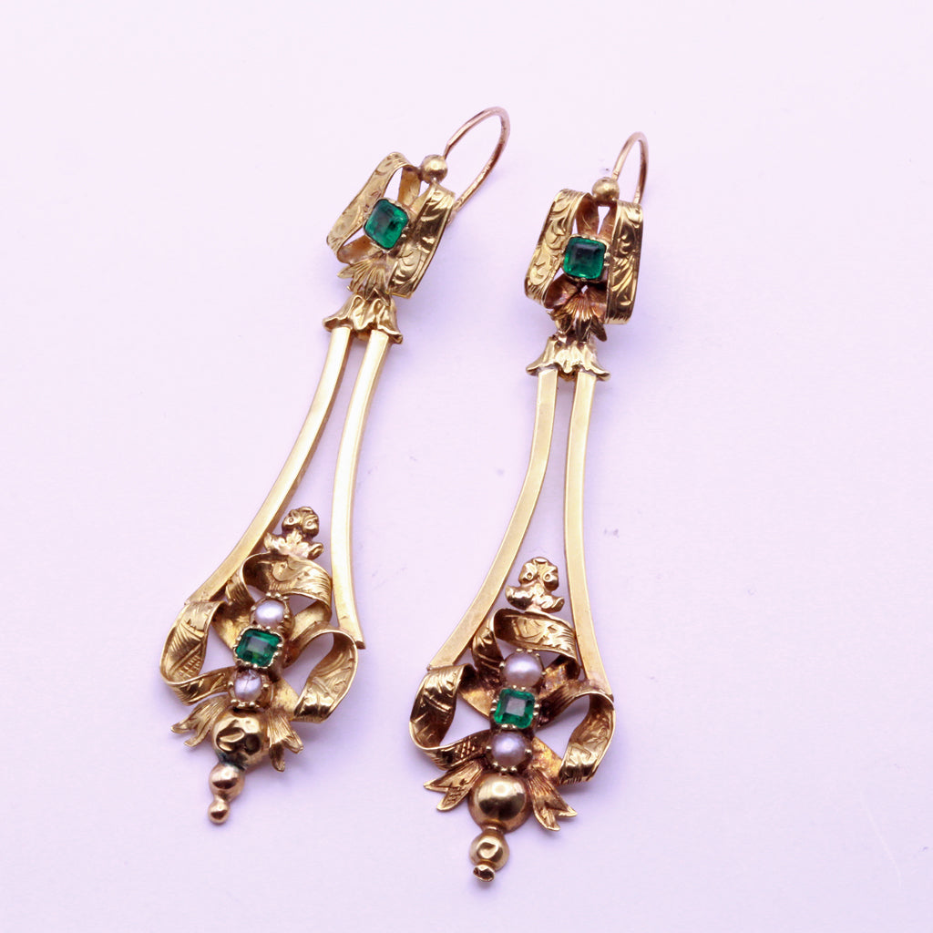 Antique Victorian Earrings 18k gold emeralds pearls Day Night ear pendants (7321)