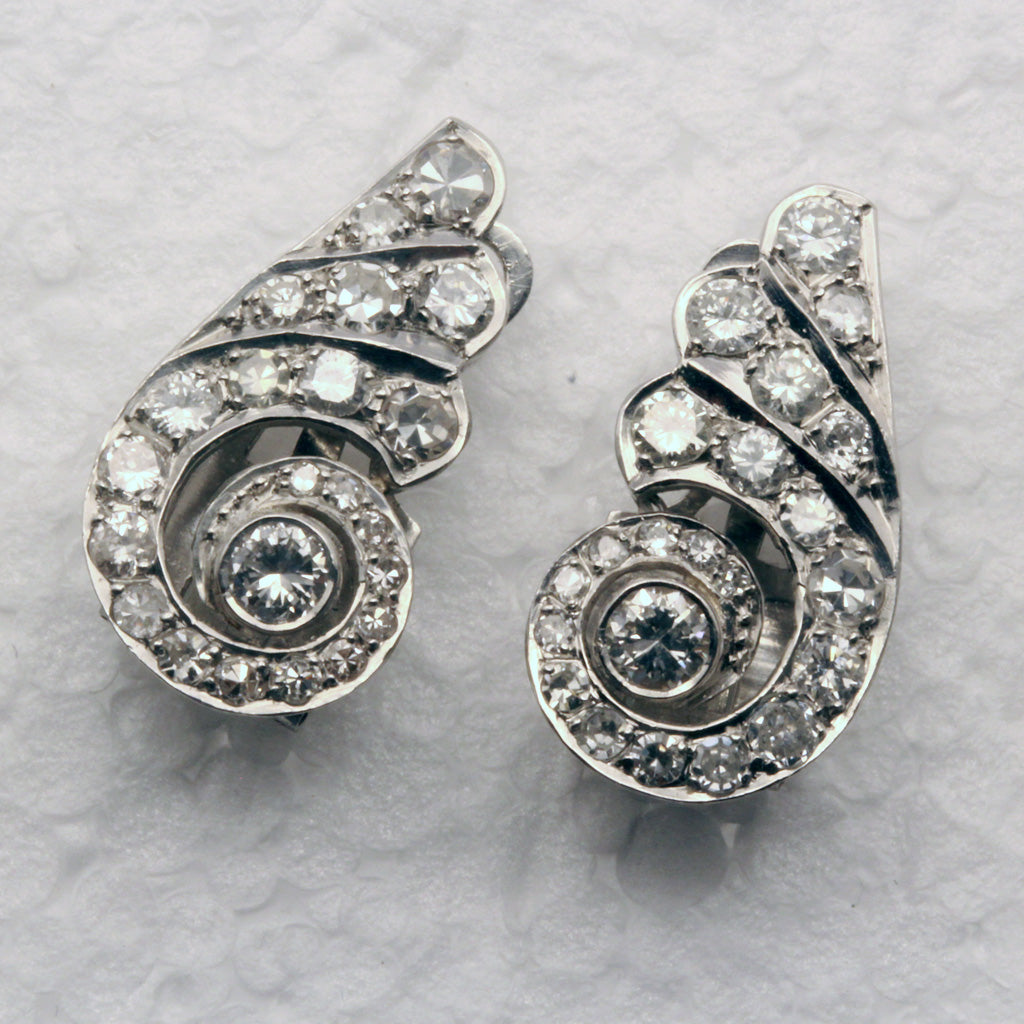 Antique Art Deco Earrings Ear Clips platinum diamonds French superb design(7322)