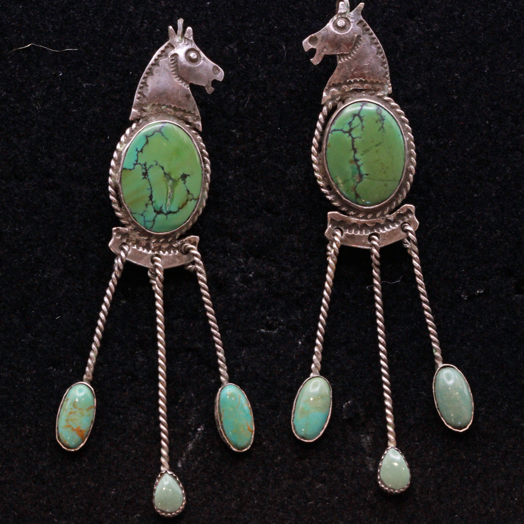 Vintage Earrings Navajo silver natural turquoise horses very long (7334)