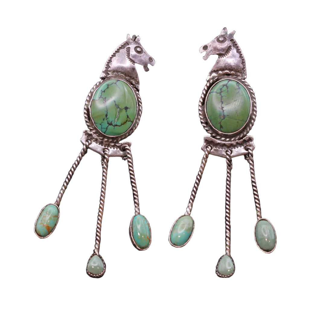 Vintage Earrings Navajo silver natural turquoise horses very long (7334)