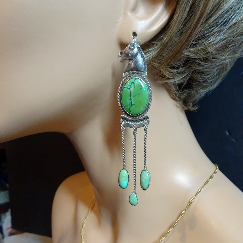 Vintage Earrings Navajo silver natural turquoise horses very long (7334)