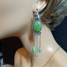 Vintage Earrings Navajo silver natural turquoise horses very long (7334)