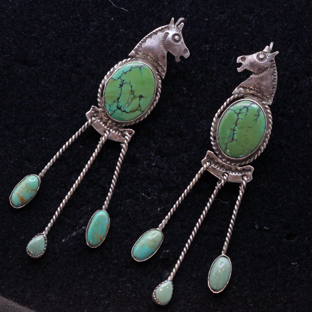 Vintage Earrings Navajo silver natural turquoise horses very long (7334)