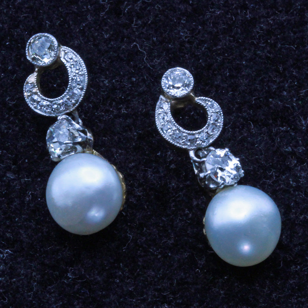 Small Antique Natural Pearl and Diamond Earrings