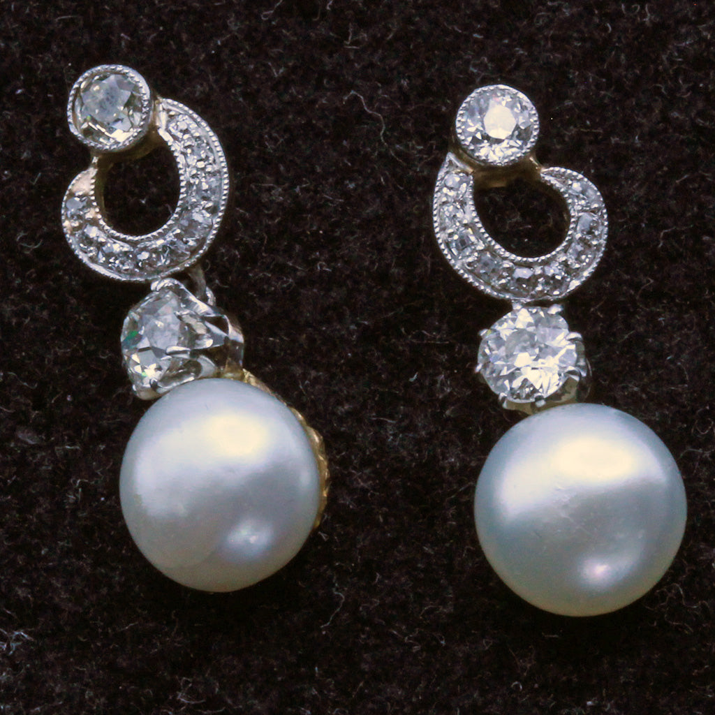 Antique dangle earrings natural pearls diamonds platinum gold GIA cert (7368)