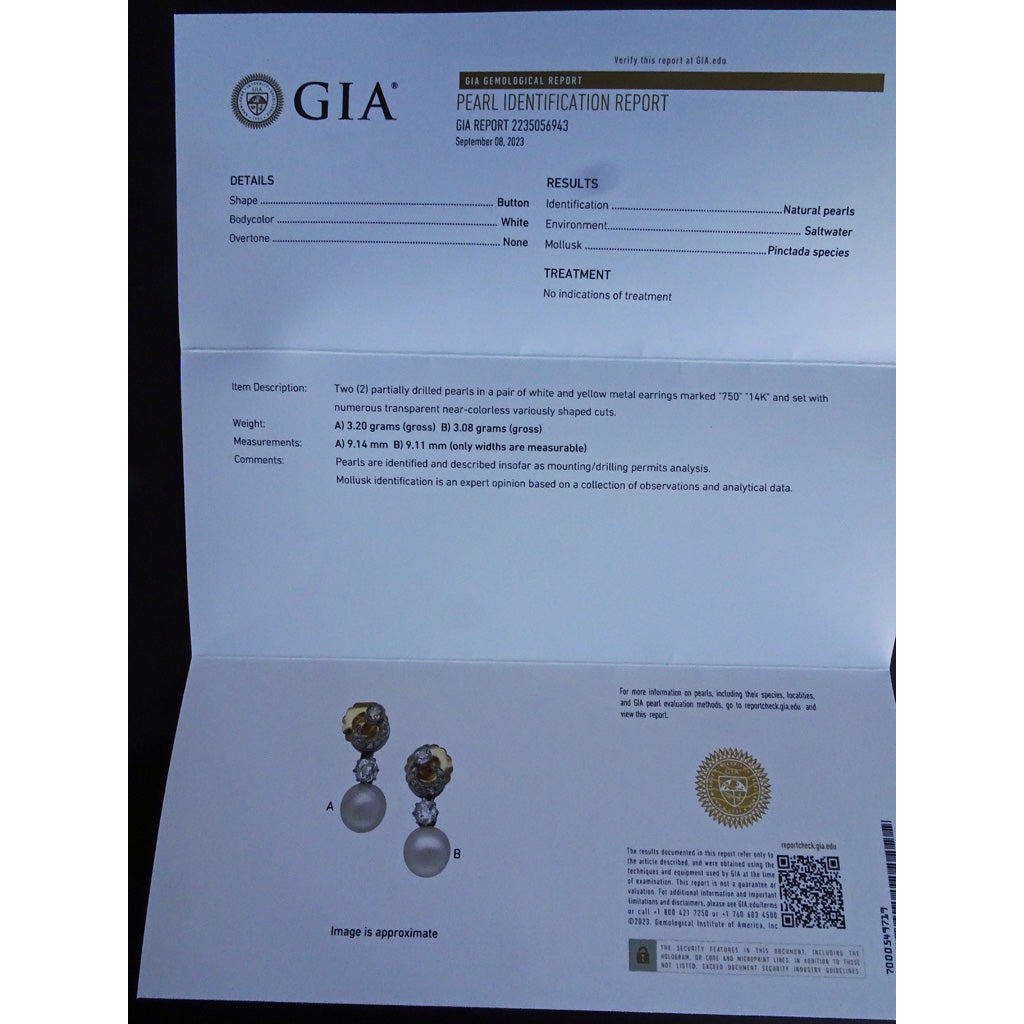 Antique dangle earrings natural pearls diamonds platinum gold GIA cert (7368)