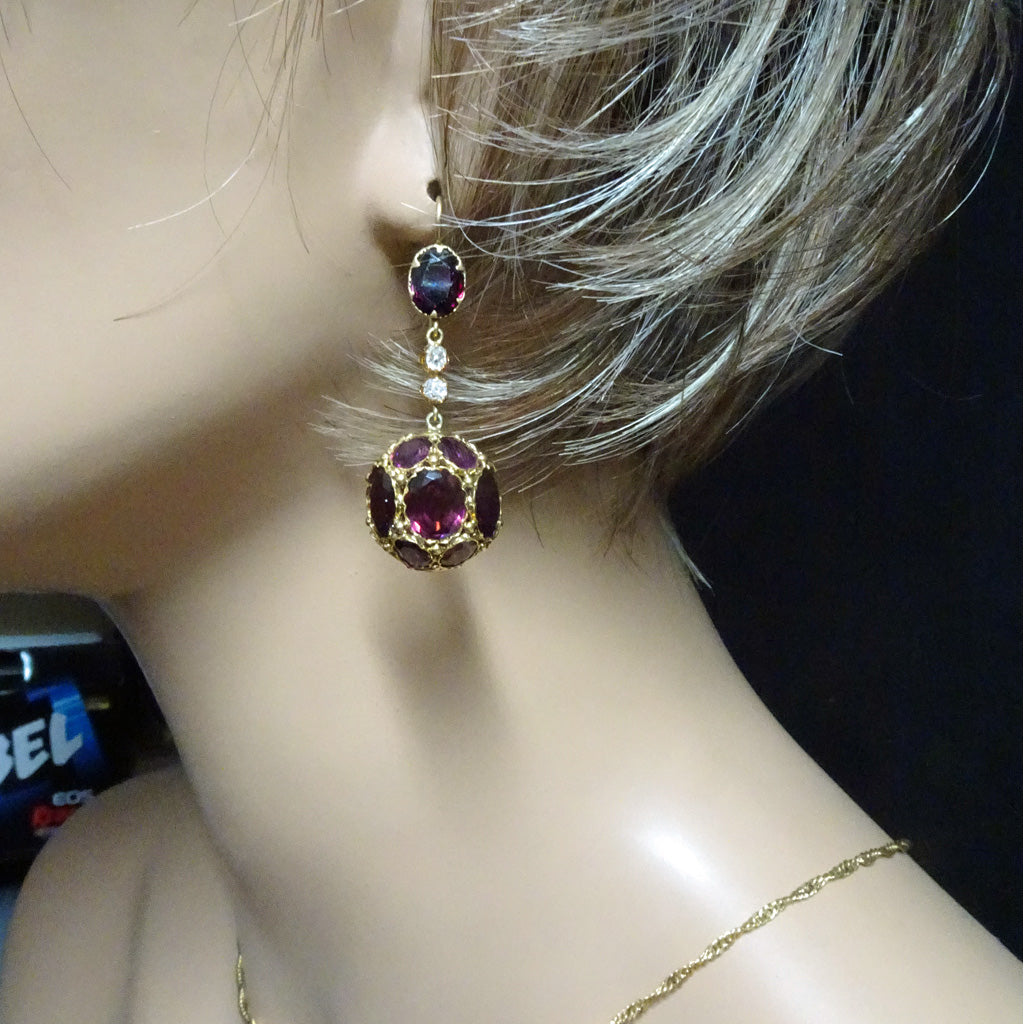 Antique Victorian earrings dangle ear pendants gold garnet diamond unique (7370)