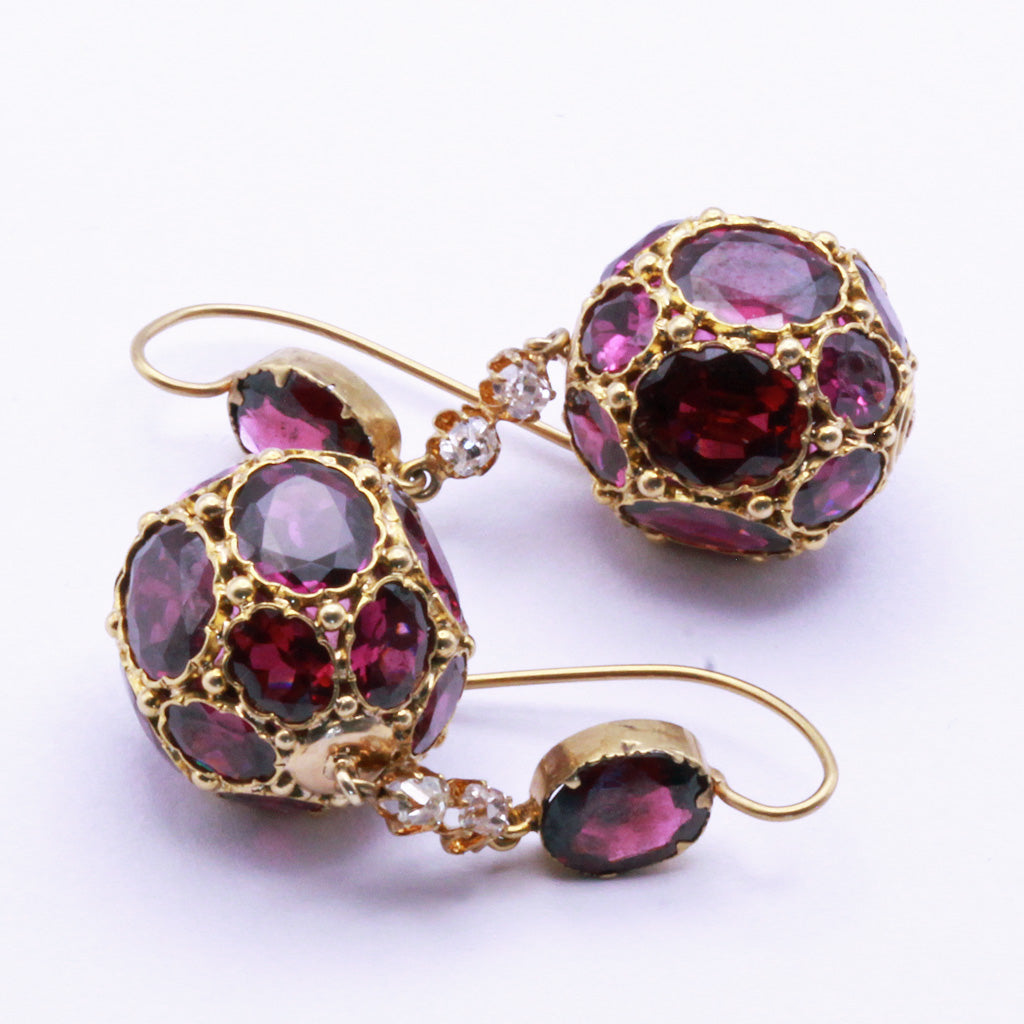 Antique Victorian earrings dangle ear pendants gold garnet diamond unique (7370)