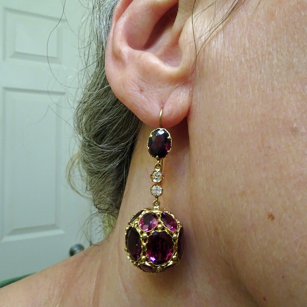 Antique Victorian earrings dangle ear pendants gold garnet diamond unique (7370)