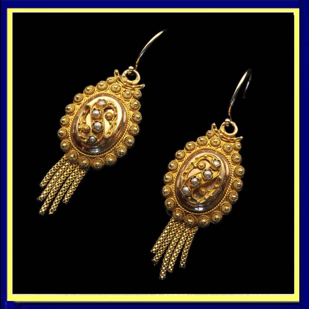 antique Victorian earrings gold cannetille seed pearls filigree Dutch