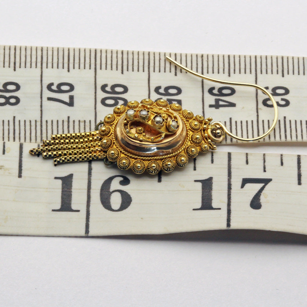 Antique Victorian earrings 14k gold cannetille seed pearls filigree Dutch (7378)