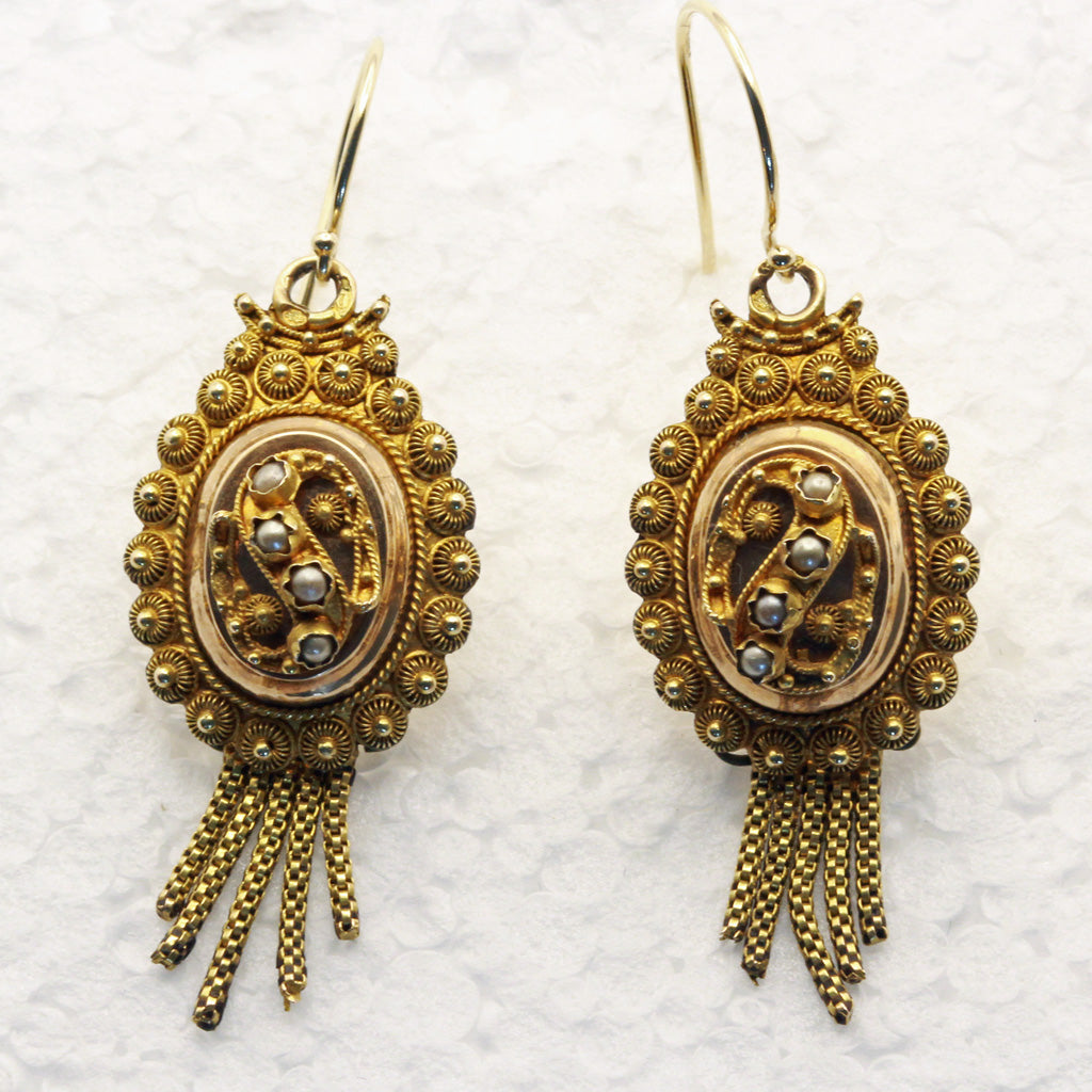 Antique Victorian earrings 14k gold cannetille seed pearls filigree Dutch (7378)