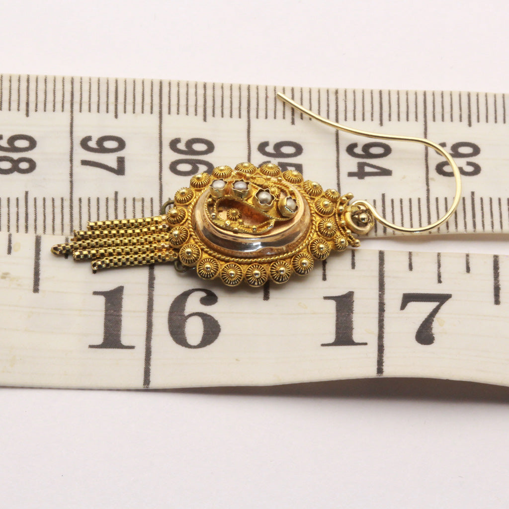Antique Victorian earrings 14k gold cannetille seed pearls filigree Dutch (7378)
