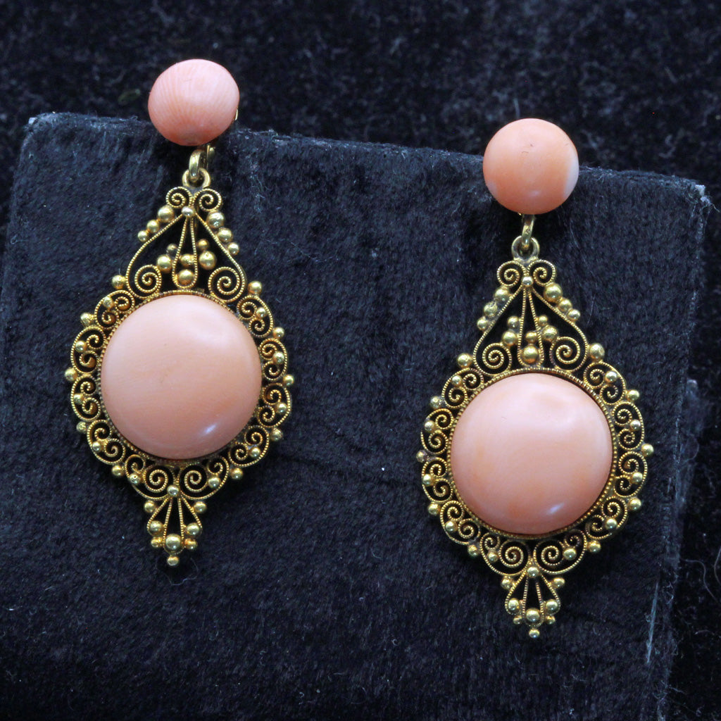 Antique Victorian earrings 14k gold natural coral filigree ear pendants (7379)