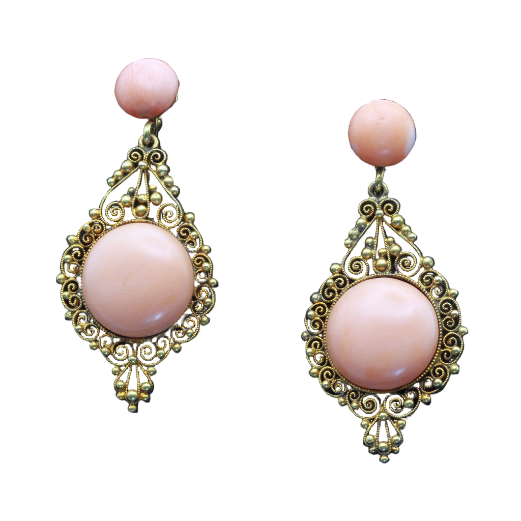 Antique Victorian earrings 14k gold natural coral filigree ear pendants (7379)