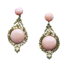 Antique Victorian earrings 14k gold natural coral filigree ear pendants (7379)