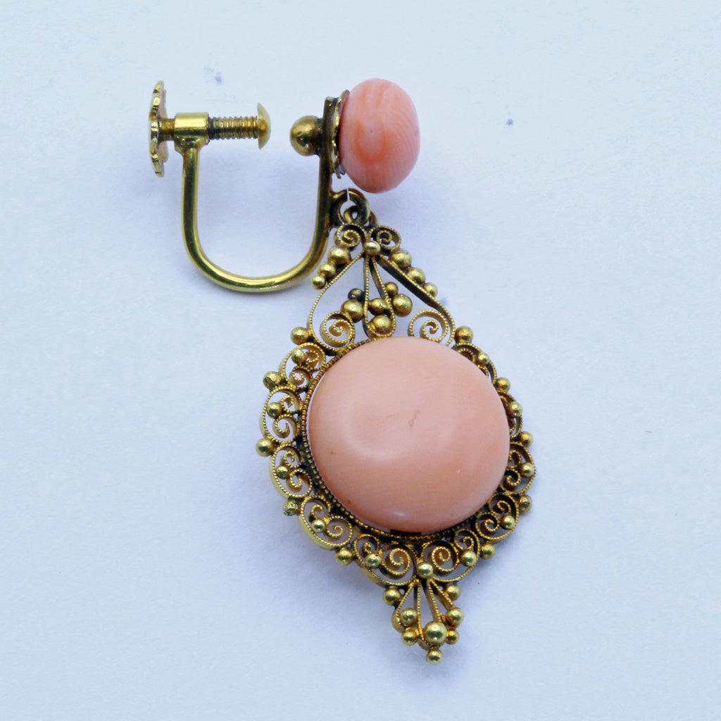 Antique Victorian earrings 14k gold natural coral filigree ear pendants (7379)